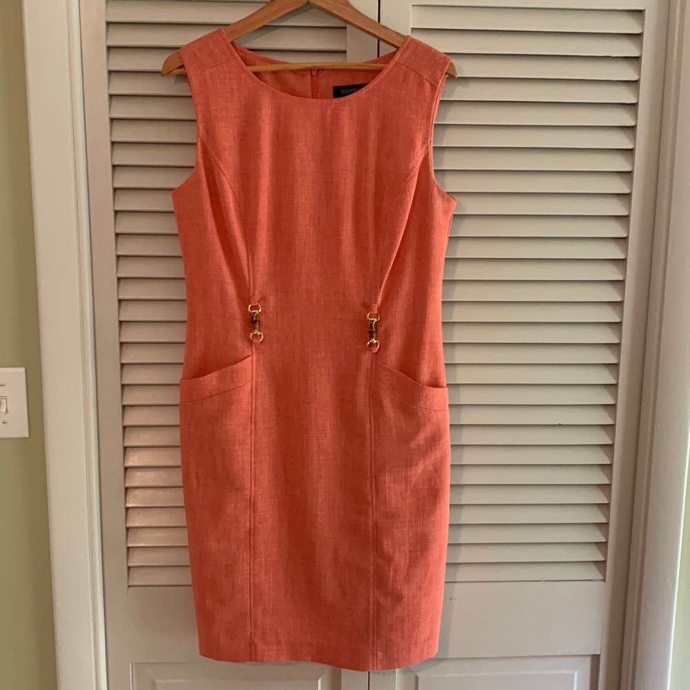 Ellen Tracy Salmon Linen-look, Equestrian, Belted, Lined Dress